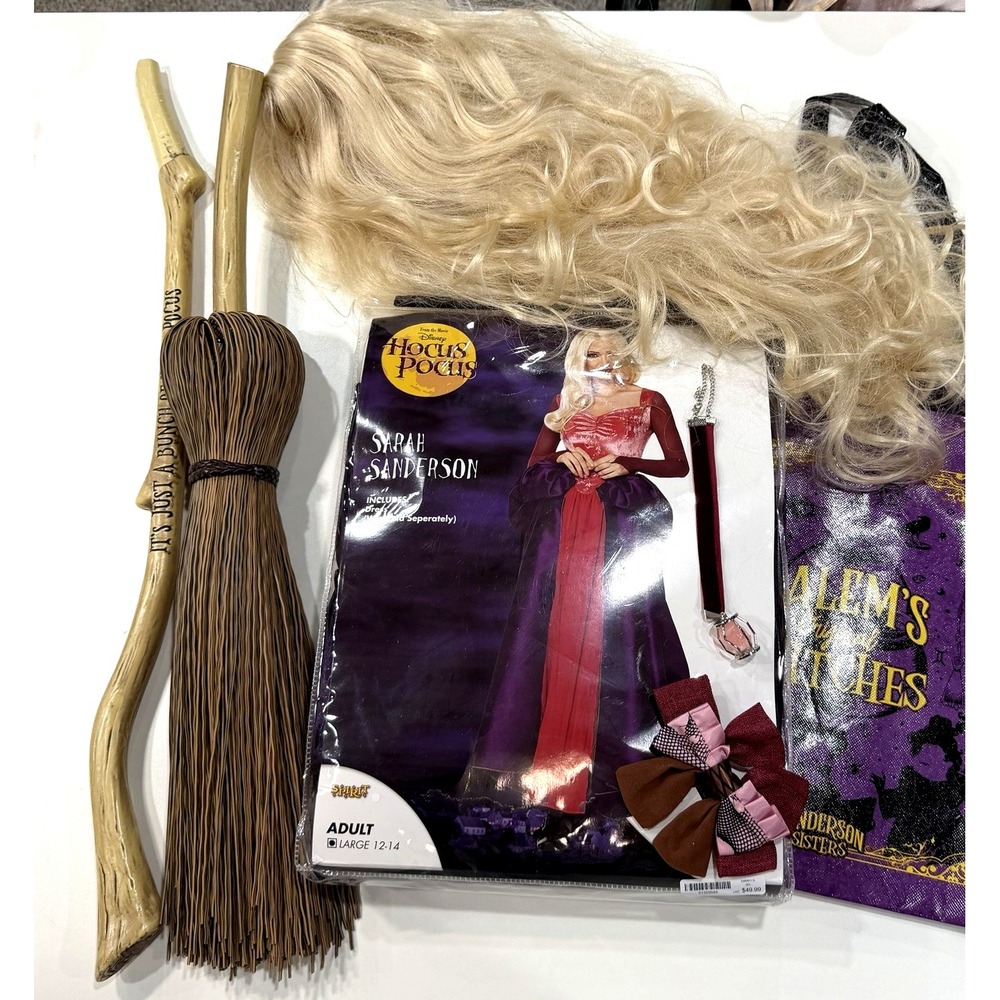 HOCUS POCUS COSTUME Sarah Sanderson Adult Large includes Wig Broom Necklace Set